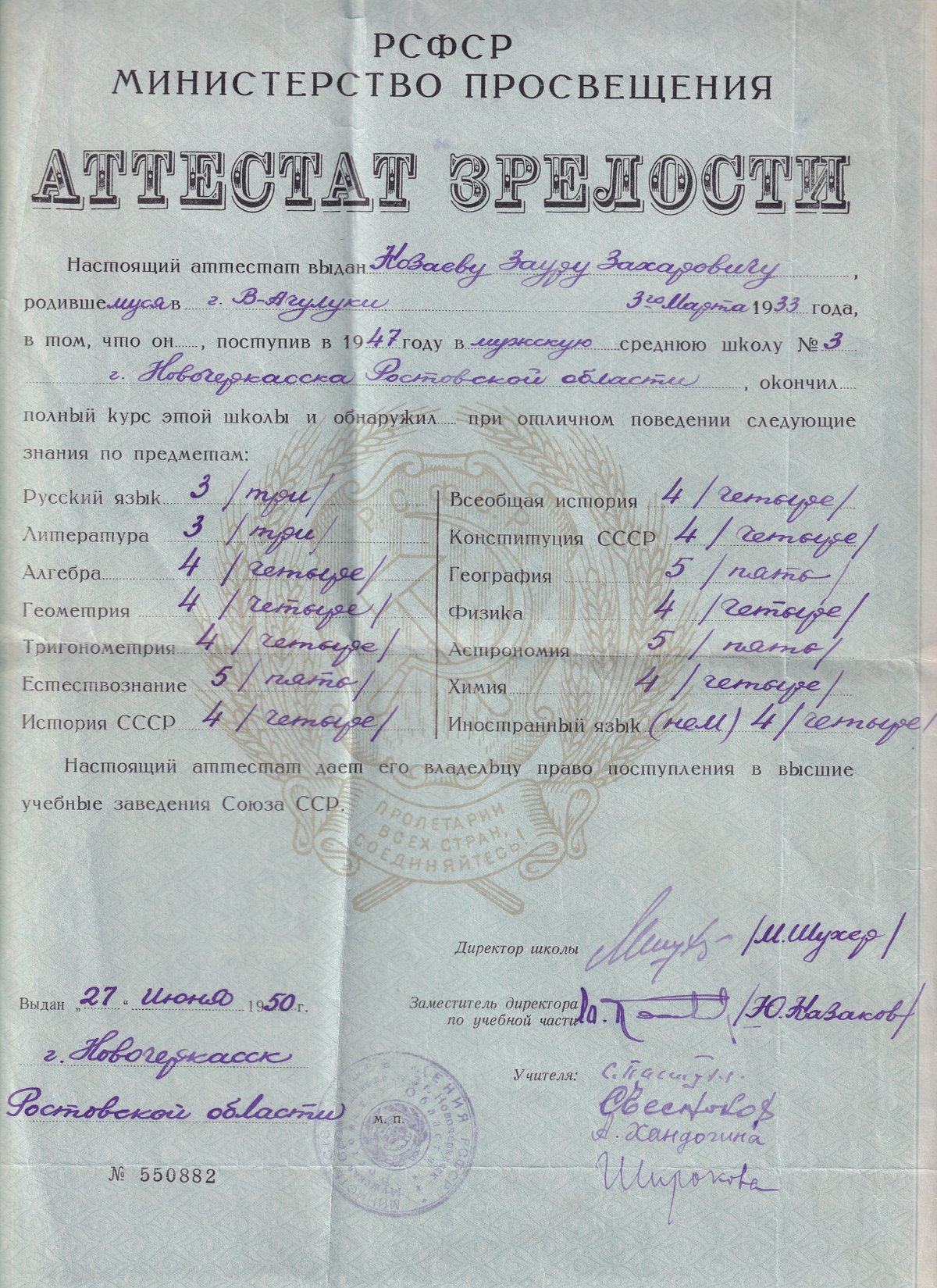 Козаев З. З. - Аттестат зрелости