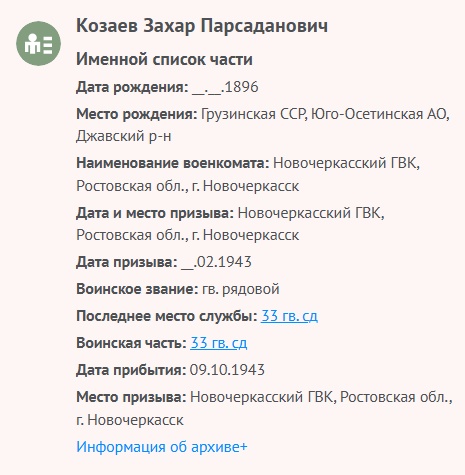 Козаев З. П. - Сведения о личном составе